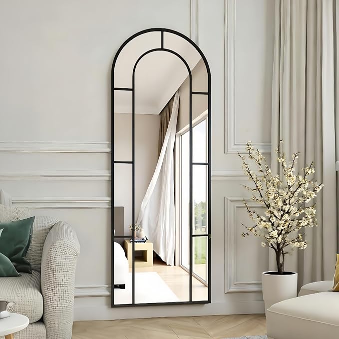 Prywot Full Length Mirror, 56"x22" Arched Window Pane Mirrors for Wall Decor, Black Full Body or Wall Mounted Mirrors, Farmhouse Standing Mirror Hanging or Leaning for Living Room, Entryway, No Stand