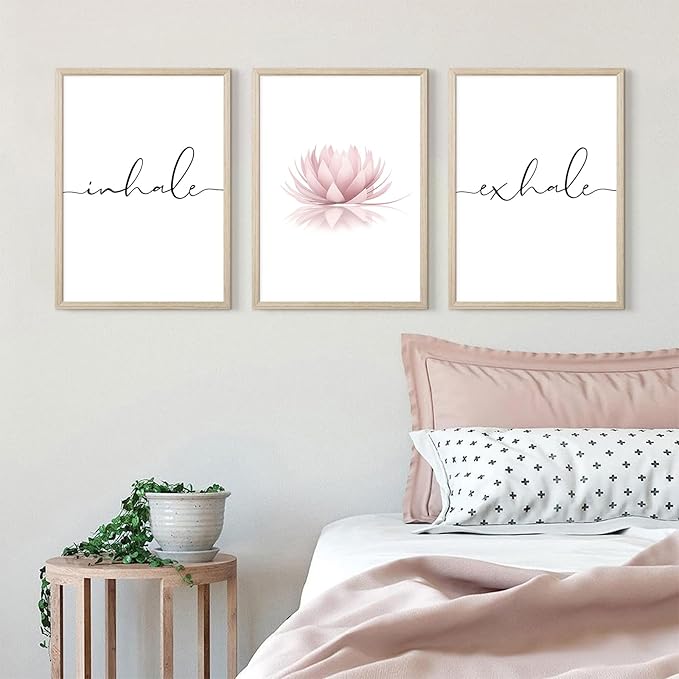 Inhale Exhale Wall Art Zen Canvas Decor Yoga Lotus Wall Art Calming Meditation Artwork Pink Yoga Poster Zen Pictures Painting for Living Room Bedroom 16x24 Inch Wood Framed Set of 3
