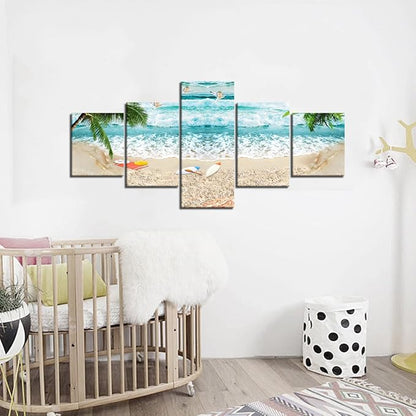 Surfing Waves Beach Picture Paintings Canvas Wall Art for Living Room Bedroom Home Decor Modern Seascape Landscape 5 Panels Framed Stretched Gallery Wrap Giclee Prints and Posters (50''W x 24''H)