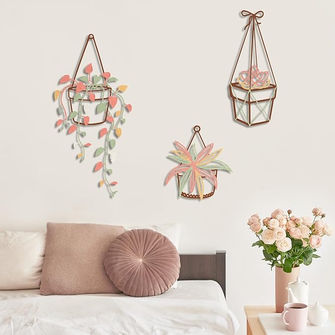 Vineland Metal Wall Art for Bathroom, Set of 3 Botanical Plant Designs, Minimalist Modern Boho Hanging for Home Outdoor Decor (Pink)