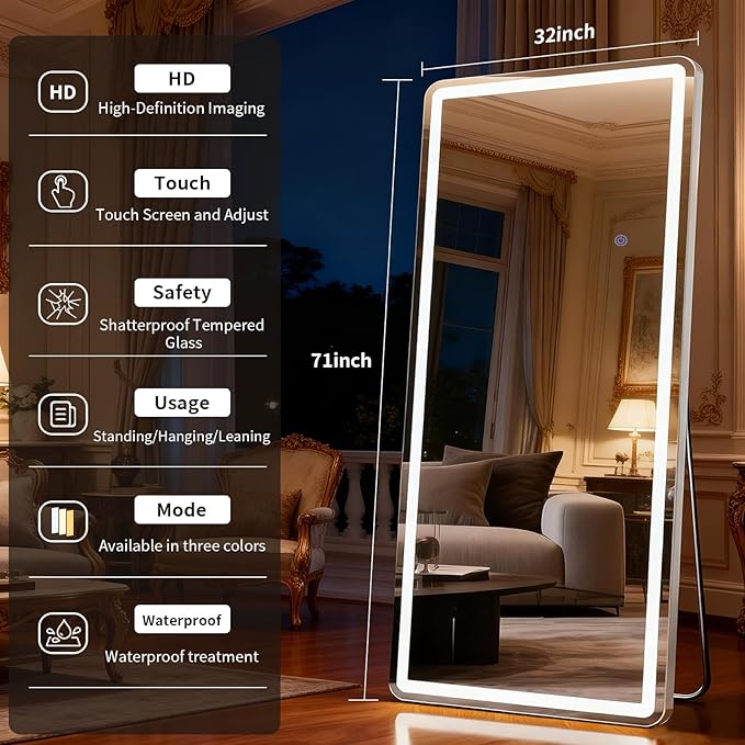 LED Full Length Mirror Floor Mirrors with Dimming &3 Color Lighting 32 x 71 Inch LED Mirrors Full Body with Stand for Bedroom Dressing Room Rect