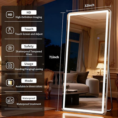 LED Full Length Mirror Floor Mirrors with Dimming &3 Color Lighting 32 x 71 Inch LED Mirrors Full Body with Stand for Bedroom Dressing Room Rect