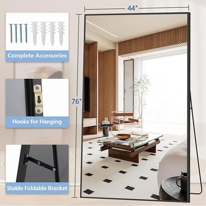 Oversized Standing Mirror Full Length, 76"X44" Extra Large Floor Mirror with Stand, Hanging or Wall Mounted, Black Full Body Mirror for Gym Bedroom Living Room Clothing Store, Tempered Glass