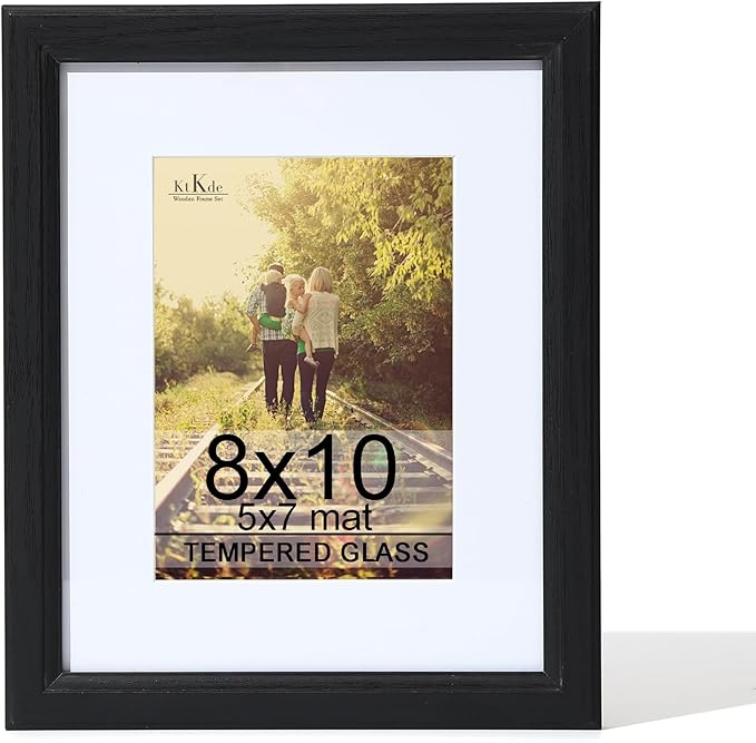 KTKDE 8x10 Picture Frame Real Glass, Display Pictures 5x7 with Mat or 8x10 Without Mat, Modern Style Wood Composite Frame,Black Gallery Wall Frame & Table Top Display，best gift