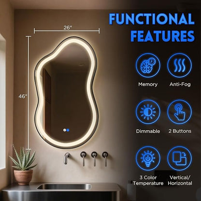 Dorlicecass Irregular Led Bathroom Mirror- Black 26"x46" Single Piece Vanity Mirror with Lights IP54 Enhanced Anti-Fog, 3 Colors Dimmable, Memory,Tempered Glass,UL Listed