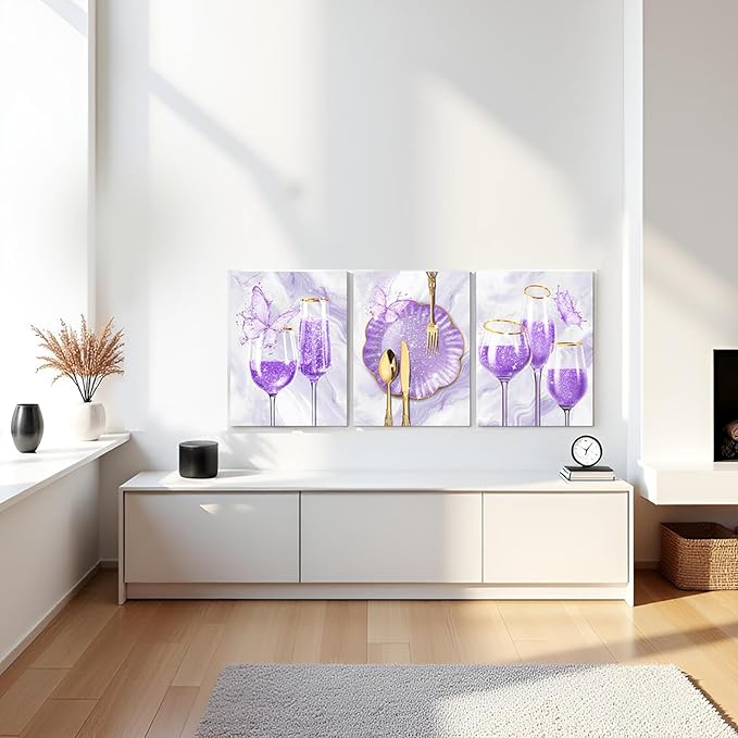 sechars 3 Pieces Set Kitchen Wall Decor Purple Wine Glass Wall Art Gold Utensils Canvas Prints Modern Dining Room Pictures (Purple)