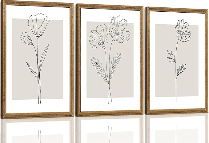 ICHZUMW Neutral Botanical Floral Wall Art, Black and White Farmhouse Flowers Wall Decor, Modern Minimalist Line Art Canvas Prints, Beige Artwork, Living Room Bedroom Home Office, Set of 3, 16x24in