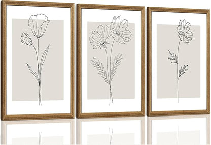 ICHZUMW Neutral Botanical Floral Wall Art, Black and White Farmhouse Flowers Wall Decor, Modern Minimalist Line Art Canvas Prints, Beige Artwork, Living Room Bedroom Home Office, Set of 3, 16x24in