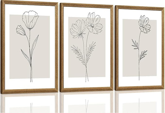 ICHZUMW Neutral Botanical Floral Wall Art, Black and White Farmhouse Flowers Wall Decor, Modern Minimalist Line Art Canvas Prints, Beige Artwork, Living Room Bedroom Home Office, Set of 3, 16x24in
