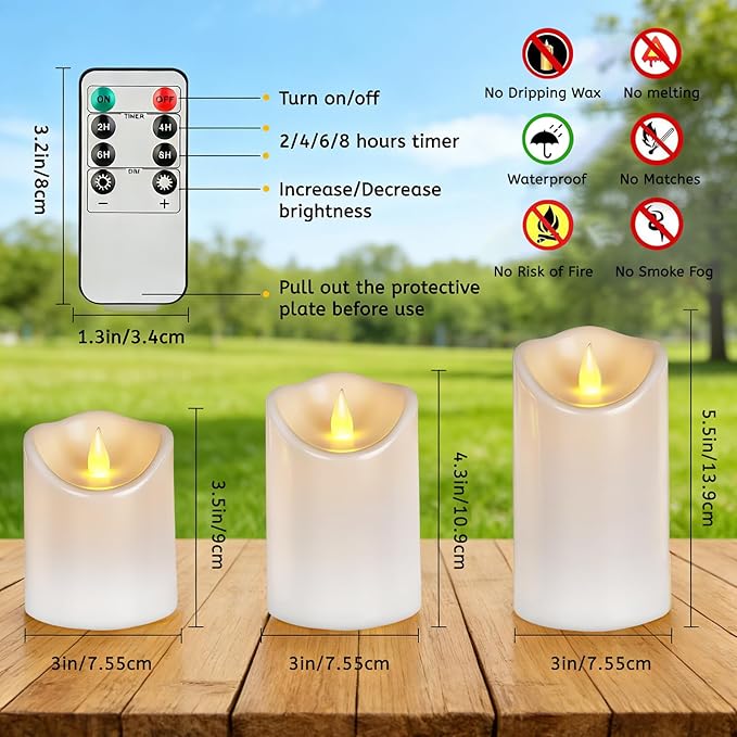 Outdoor Flameless Candles, Patented 3D Dual-LED, Set of 3 Slanted Resin Pillars with Remote, Crisp White Centerpiece for Dining Table, Waterproof Non-Melting Battery Operated, White