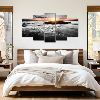 SkenoArt 5 Panels Large Ocean Beach Pictures Canvas Wall Art Modern Black and White Gold Sunset Seascape Artwork for Living Room Home Office Wall Decor Ready to Hang