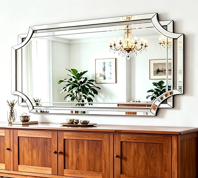Chende Large Full Length Mirror for Wall, 59"x30" Large Decorative Mirror with Beveled Scalloped Corner, Modern Elegant Home Decor for Bedroom Living Room Bathroom Dressing Room Entryway Hallway