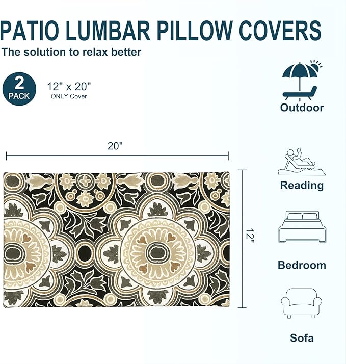 DYTXIII Pack of 2 Outdoor Waterproof Lumbar Pillow Covers ONLY, 12x20 Rectangle Decorative Double Printed Pillow Cases for Patio Couch Porch Furniture - Vintage Medallion