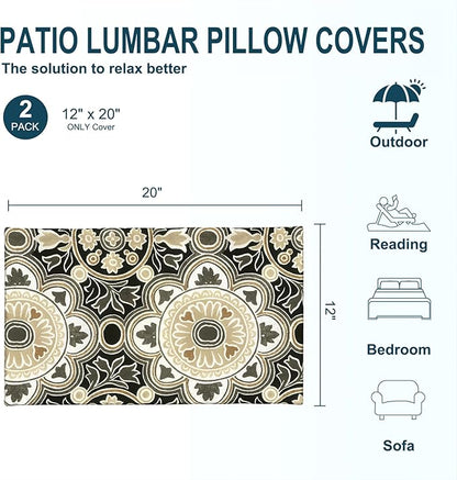 DYTXIII Pack of 2 Outdoor Waterproof Lumbar Pillow Covers ONLY, 12x20 Rectangle Decorative Double Printed Pillow Cases for Patio Couch Porch Furniture - Vintage Medallion