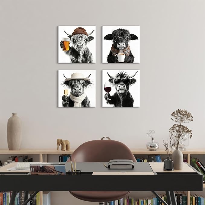 Funny Highland Cow Wall Art Cowboy Wall Decor Farmhouse Kitchen Decor Vintage Black and White Animals Pictures Canvas Prints Humor Cows Theme Paintings Posters Artwork Home Decorations 12x12” 4P