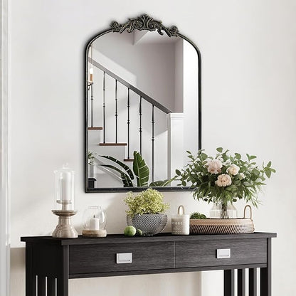 HQiJun Black Vintage Wall Mirror Window Decorative Traditional Mirrors Antique Arched Farmhouse for Living Room Bedroom Entryway Bathroom Vanity (36 * 24 * 1.2, Black)