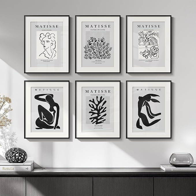 Framed Matisse Wall Art for Living Room, Set of 6 Modern Black and White Minimalist Botanical Body Line Prints for Walls, Abstract Aesthetic Pictures for Bedroom, Bathroom, Dining Room Decor, 11x14