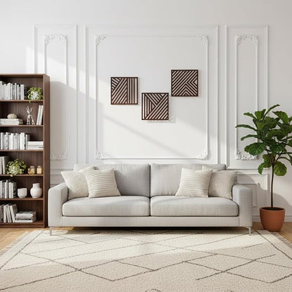 Yerliker 16×16 Inch Boho Wooden Wall Sculptures Geometric Abstract Wood Wall Art Decor Set of 3 Slatted Wood Design for Living Room Bedroom Office Rustic Home Decoration