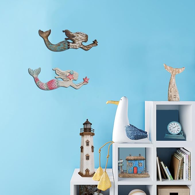 Veclotch Wood Mermaid Nautical Beach Wall Decor, Rustic Mermaid Wooden Hanging Coastal Wall Art Sculpture for Home, Lake House, Ocean Bathroom Decor