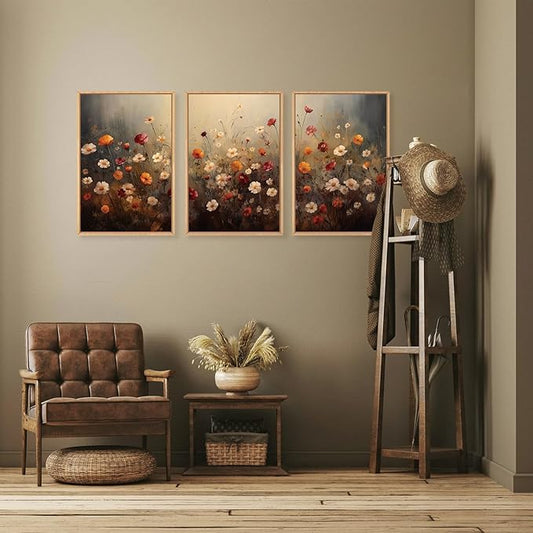 KAIRNE Moody Colorful Wildflower Framed Canvas Wall Art Set,Vintage Daisy Floral Wall Decor,Watercolor Flowers Art Prints,Rustic Botanical Artwork for Living Room,Bedroom,Farmhouse,Office-16 x24 x3