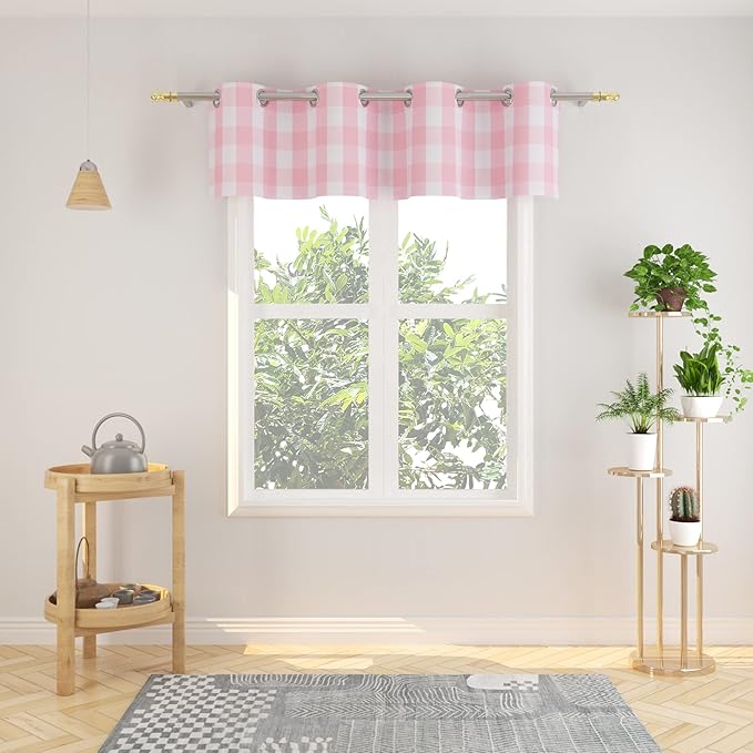 3 Pc Cotton Classic Country Farmhouse Kitchen Window Curtain Grommet Top -Pink & White Buffalo Check Tier & Valance Set, 54" x 18" / 32" x 24"
