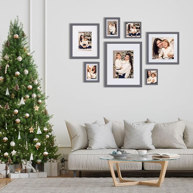 Egofine 4x6 Picture Frames Set of 4, Made of Solid Wood Covered by Plexiglass 3x4.5 and 3.5x5 with Mat or 4x6 without Mat, for Table Top Display and Wall Mounting Photo Frame, Dark Grey