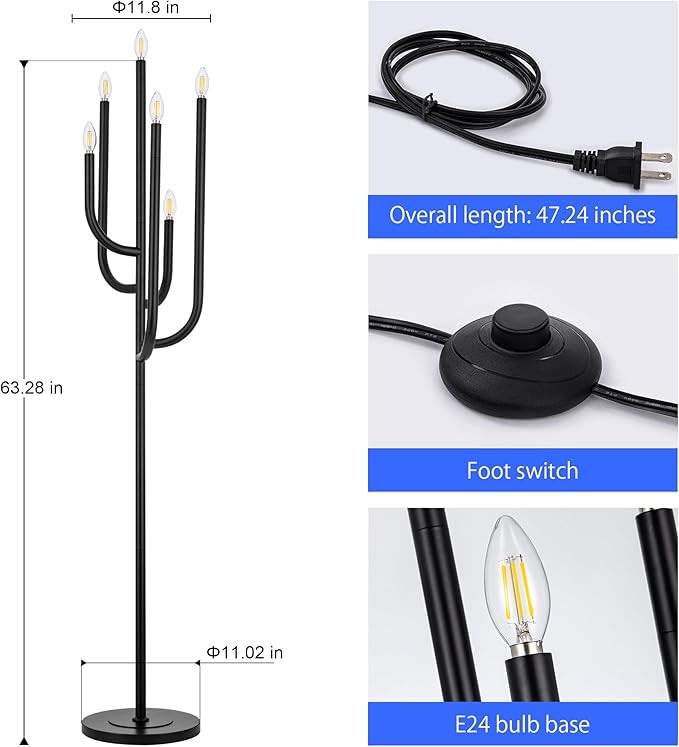 Wellmet Black Floor Lamp for Living Room, Modern Floor Lamps for Bedroom, 63.3Inch Tall Unique Metal Floor Lamp for Corner Decorative