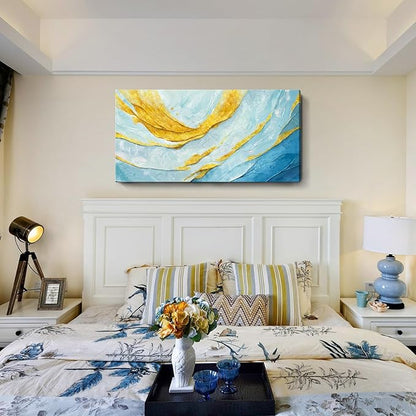 Nicetop Modern Large Abstract Wall Art – Blue and Yellow Flowing Lines Canvas Prints Contemporary Coastal Artwork Horizontal Decorative Wall Picture for Living Room Bedroom Home Office Decor 48x24 Inch