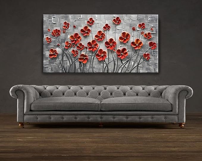 YaSheng Art - 48x24inch Canvas Wall Art, Hand Painted Oil Painting Wall Art ,Abstract 3D Texture Wall Art Pictures, Red Floral Paintings, Modern Home Bedroom Wall Art Decor, Wall Art for living room, Large Framed oil painting.