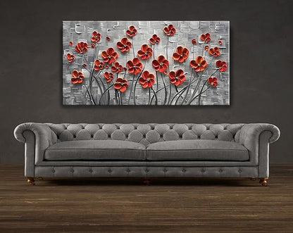 YaSheng Art - 48x24inch Canvas Wall Art, Hand Painted Oil Painting Wall Art ,Abstract 3D Texture Wall Art Pictures, Red Floral Paintings, Modern Home Bedroom Wall Art Decor, Wall Art for living room, Large Framed oil painting.