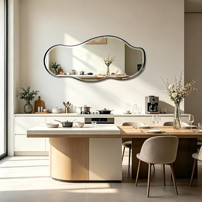 POZINO Irregular Beveled Mirror, 53"x24" Premium Bathroom Vanity Mirror with Metal Frame, Large Asymmetrical Organic Wall Mirrors for Living Room Bedroom Hallway Entryway, Horizontal/Vertical Hanging