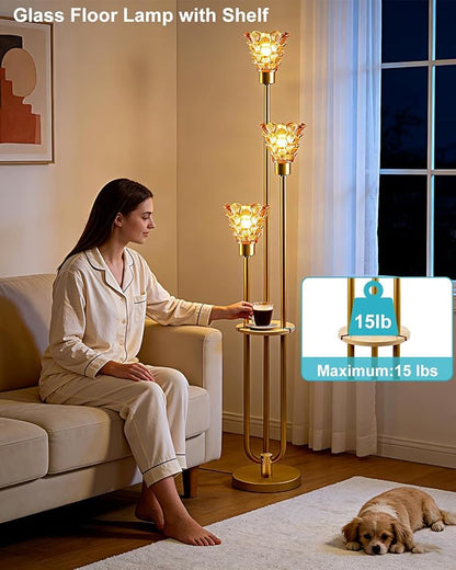 3-Light Modern Glass Floor Lamp with Shelf, Gold Tall Standing Lamp with Amber Flower Glass Shade, LED Floor Lamp with Foot Switch& 5Lbs Heavy Base for Living Room Bedroom, Bulb Included