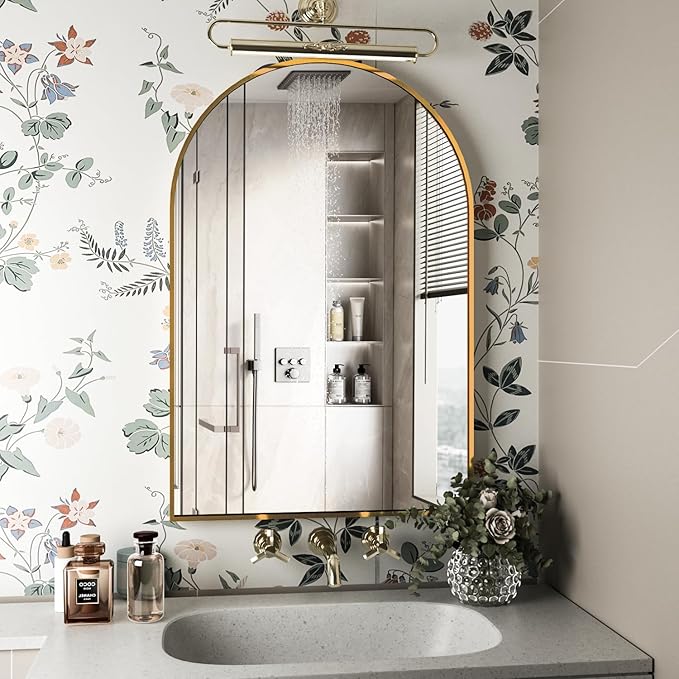 Wall Mounted Mirror, Arched Wall Mirror for Bathroom, 2 Pieces 24"x36" Arch Bathroom Mirror with Metal Frame, Gold Vanity Mirror Decor for Mantle, Bedroom, Entryway, Living Room