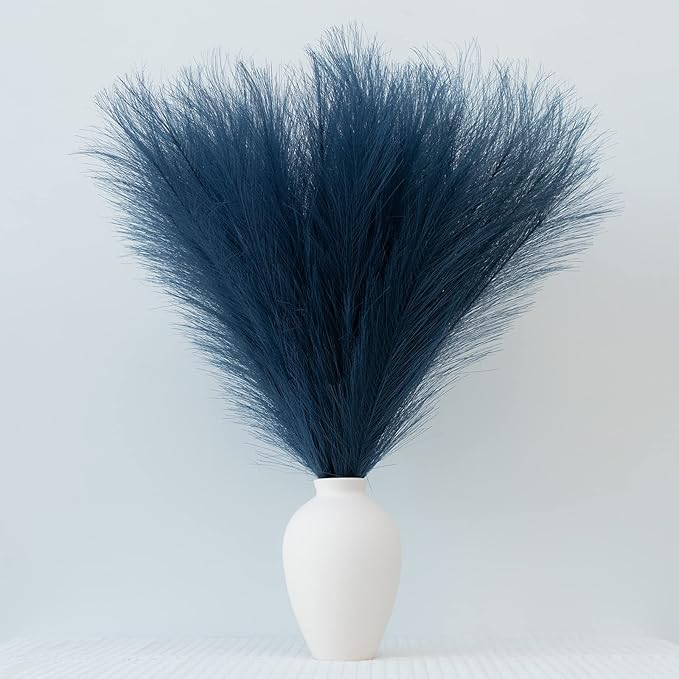 Pampas Grass Decor, Fluffy Faux Pampas Grass 6 Stem 18"/45cm Pompous Grass Small Flower Arrangement and Vase Filler for Boho Home Wedding Decoration (Dark Blue)