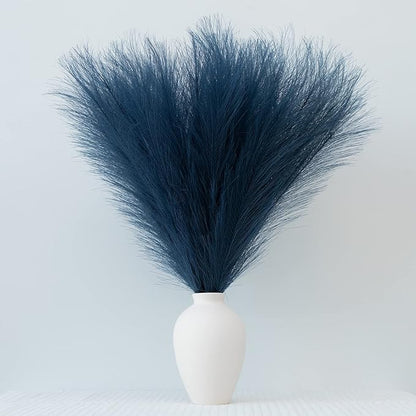 Pampas Grass Decor, Fluffy Faux Pampas Grass 6 Stem 18"/45cm Pompous Grass Small Flower Arrangement and Vase Filler for Boho Home Wedding Decoration (Dark Blue)