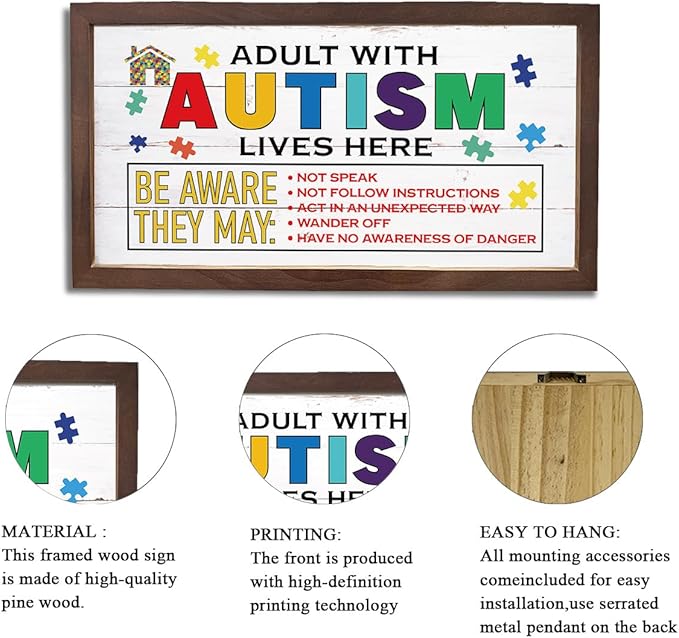 Colorful Autism Awareness Sign, Wall Decor Art, Modern Farmhouse Wood Signs, Autistic Support Wooden Plaque for Home, Wooden Framed Wall Decor, Adult with Autism Lives Here Sign 15×7.5×0.3 inches