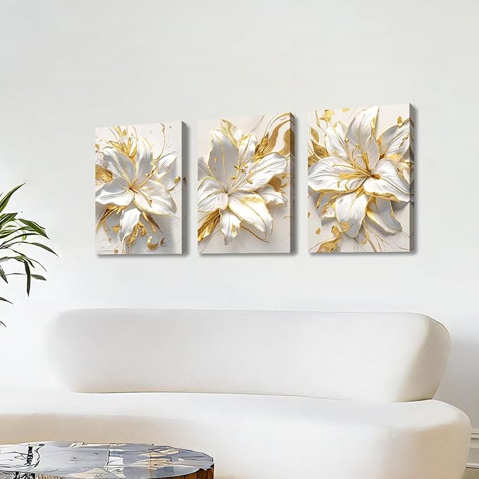 WENGTIAO 3Pcs Elegant White Lily Flowers Canvas Wall Art Boho White Floral Gold Edges Prints Pictures Paintings Beige Blossom Artwork for Living Room Bedroom Office Bathroom 16”x24 x3