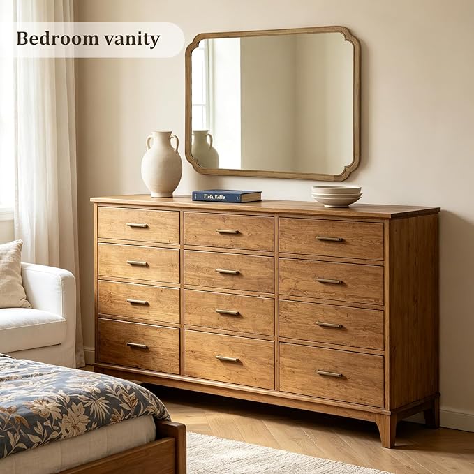 WallBeyond 30" x 48" Wood Bathroom Mirror for Wall Mounted, Rustic Rounded Corner Wood Frame Wall Mirror for Entryway, Living Room or Bedroom Home Decorative, Natural