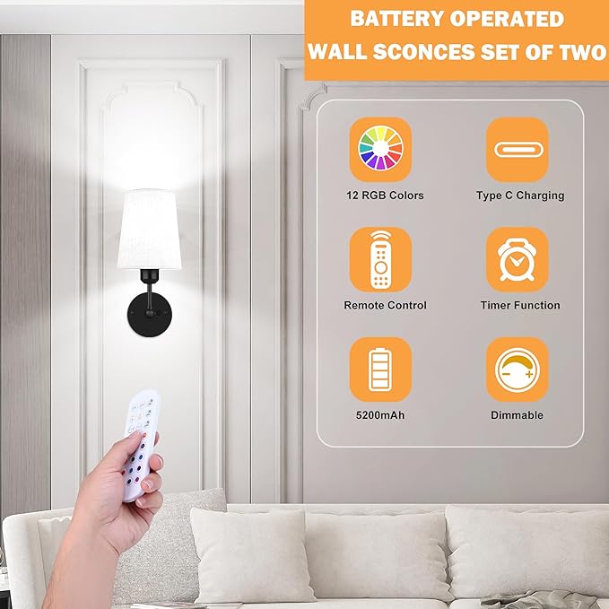 Ostwiki Battery Operated Wall Sconce Set of 2,Black Rechargeable Wall Lights with 5200mAh Dimmable RGB Bulbs and Remote Control,270°Rotation Wireless Wall Lamps for Indoor Bedroom Living Room Hallway