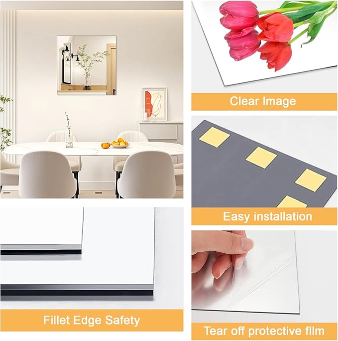 16x16 in Acrylic Mirror Sheet for Wall, 2.5mm Thick Unbreakable Non Glass Body Mirror Tile Self Adhesive Mirror Stickers Rectangular Wall Mirror for Bathroom Bedroom Home Gym Door Decor
