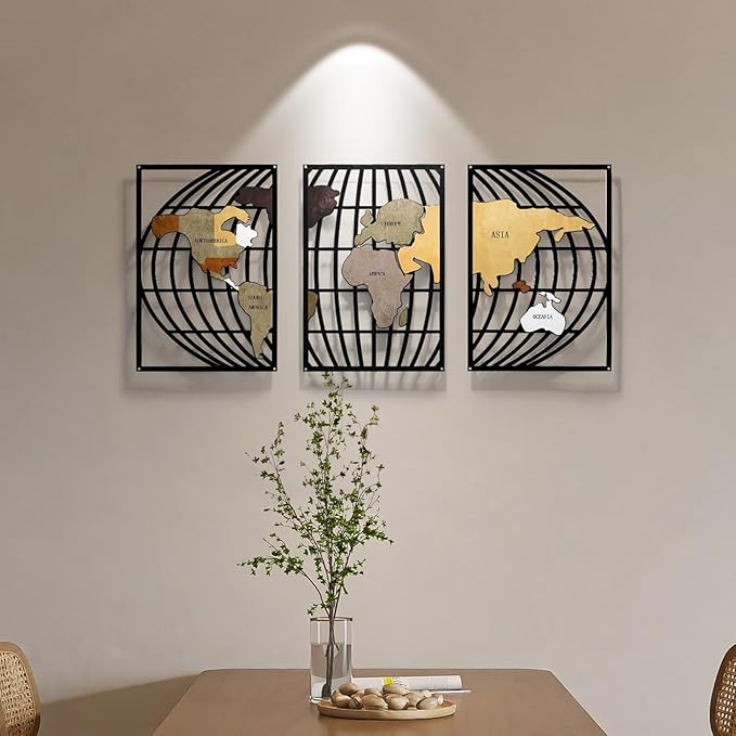 FIXNEO Metal Wall Art 3 Piece World Map Wall Art for Living Room Modern Globe Pictures Design Decor for Living Room Home Bathroom Office (World Map, 31.8"*15.74")