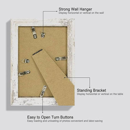 iRahmen 5x7 Picture Frame Set of 2 with HD Glass, Distressed White Wood Photo Frames Display 4x6 Picture with Mat or 5 x 7 Without Mat for Horizontal or Vertical Tabletop and Wall Mounting