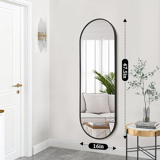 JJUUYOU Bathroom Wall Full Length Mirrors for Wall Oval Mirror Black Metal Framed Mirrors 48"X18" Matte Bedroom Vanity Farmhouse Anti-Rust Tempered Glass Hangs Horizontally or Vertically Mirror