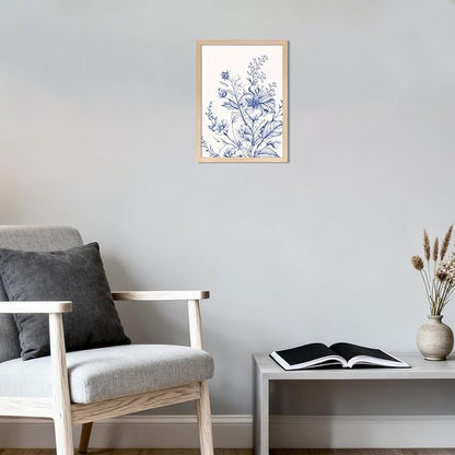 Blue Floral Canvas Wall Art, Blue Line Flower Wall Decor, Blue White Chinoiserie Wildflower Pictures Prints Minimalist Botanical Artwork for Bedroom Living Room Bathroom Kitchen 8x10 in Framed