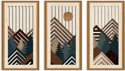 Celestdeco Boho Abstract Mountain Wood Wall Art Modern Geometric Artwork Bohemian Sun Forest Wood Wall Decor Mountain Tree Hanging Decor for Living Room Bedroom 7.9 x15.8 Inch
