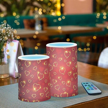 Valentines Lights Flameless Candles Valentines Glden Red Hearts Pillar Candles Set of 2 Battery Operated Remote Control Warm Lights Home Decor