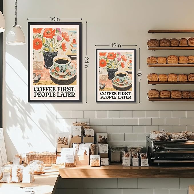 GELDSTEI Wood Framed Retro Coffee Wall Art, Vintage Cafe Wall Decor, Coffee First People Later Canvas Painting, Classical Cafe Bar Poster Print for Kitchen Dining Room Home Office 12x16 Inch