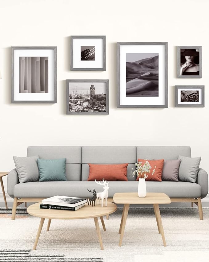 Egofine 8x8 Picture Frames Made of Solid Wood with Plexiglass, Display Pictures 4x4/6x6 with Mat or 8x8 Without Mat Set of 4 for Tabletop and Wall Mounting, Light Grey
