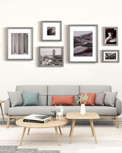 Egofine 8x8 Picture Frames Made of Solid Wood with Plexiglass, Display Pictures 4x4/6x6 with Mat or 8x8 Without Mat Set of 4 for Tabletop and Wall Mounting, Light Grey