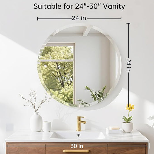 24 Inch Round Frameless Bathroom Mirror, Beveled Round Mirror, Circle Vanity Mirror with 1" Beveled Edge for Bathroom, Entryways, Living Room